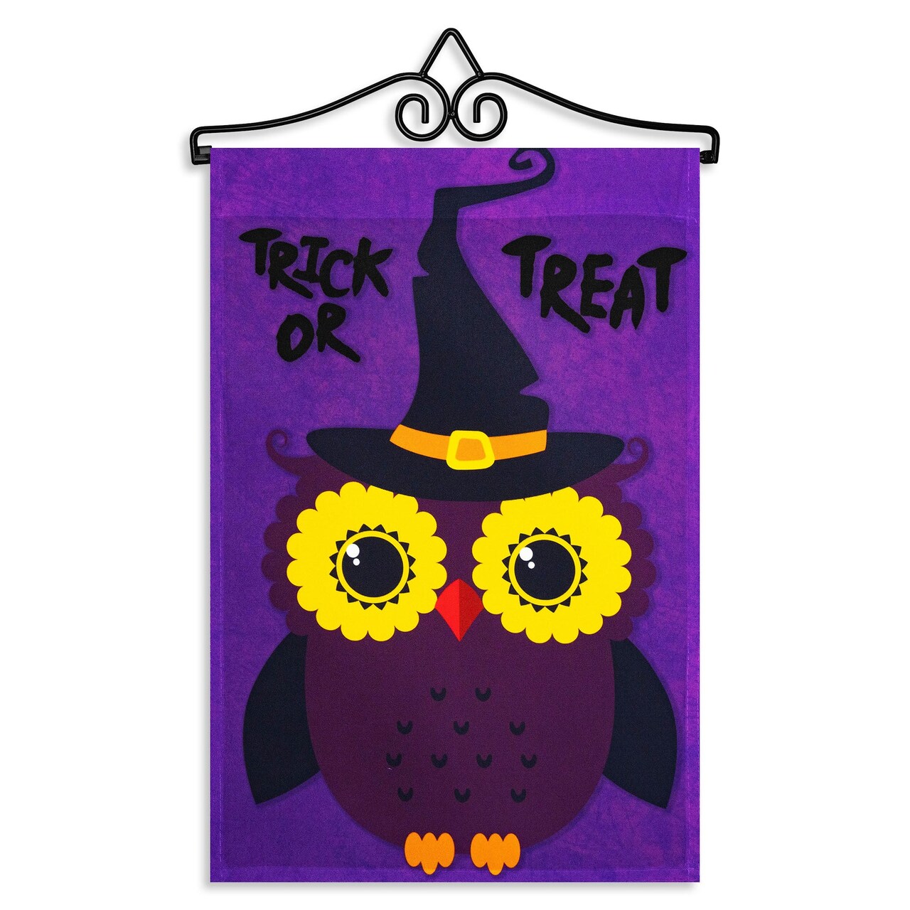 G128 Combo Pack Garden Flag Hanger 14IN & Garden Flag Trick or Treat Owl Purple BG 12x18IN Printed 150D Polyester